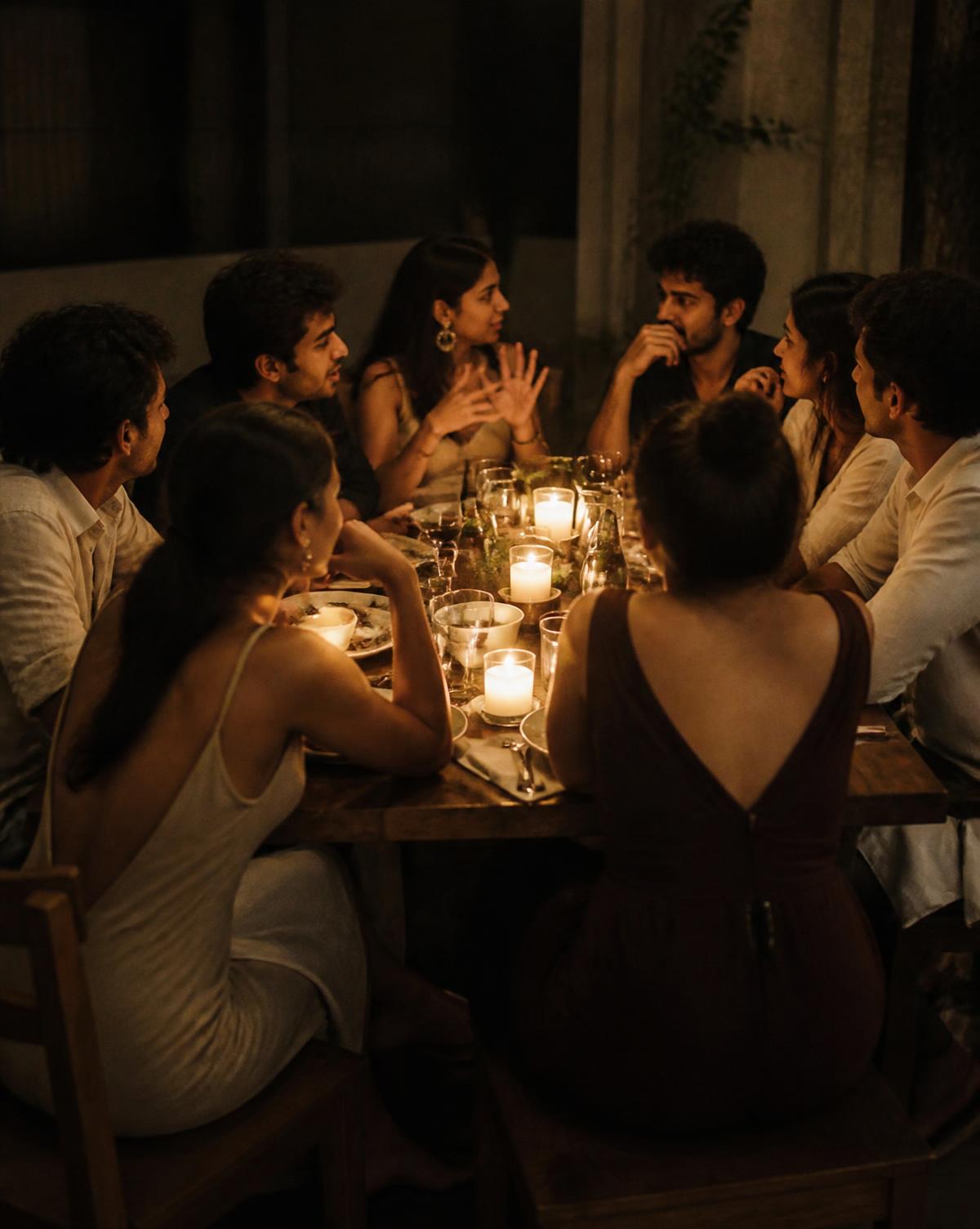 Eight people seated around a candlelit table in conversation