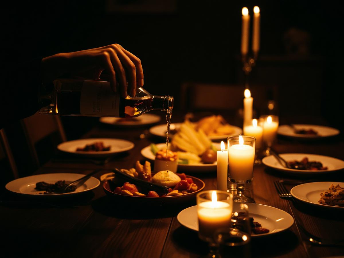 Wine being poured across a candlelit dinner table