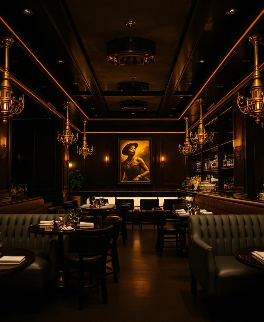 Interior of a dark cocktail bar with brass fixtures